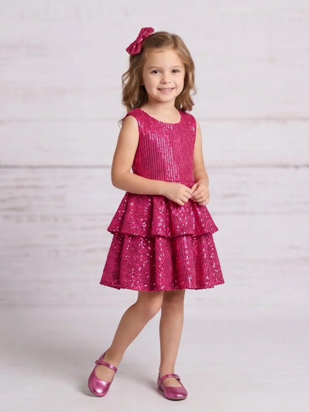 Fuchsia Pink Sequin Tiered Kids Party Dress sleeveless Back Zip Size Small